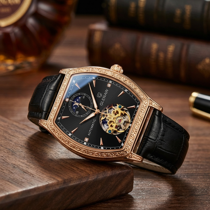 Men's Automatic Mechanical Wrist Watch – Barrel Case, Luminous Dial, Genuine Leather Strap, 42mm