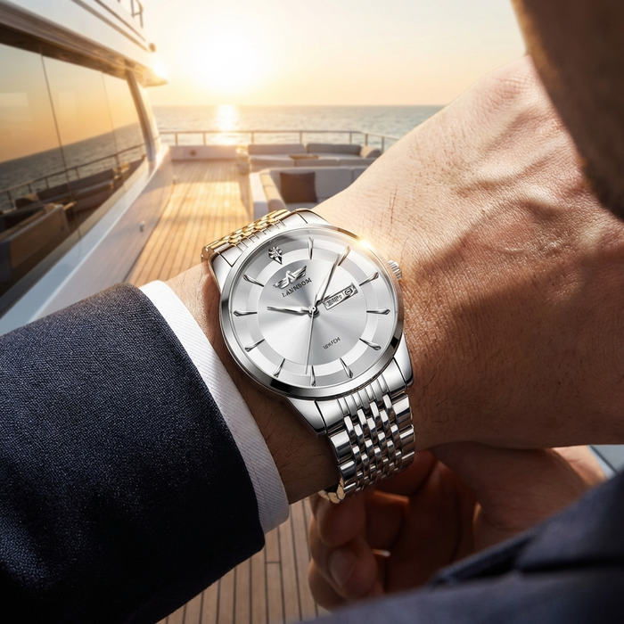 Men's Automatic Waterproof Luminous Dress Watch – Ultra-Thin 40.5mm Stainless Steel Business Analog Wristwatch with 24-Hour Indicator