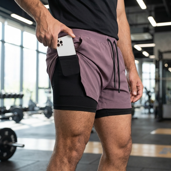 Men’s Breathable Quick-Dry Fitness Shorts – Double-Layer Muscle Fit Running Shorts with Moisture-Wicking Fabric & Athletic Performance Design
