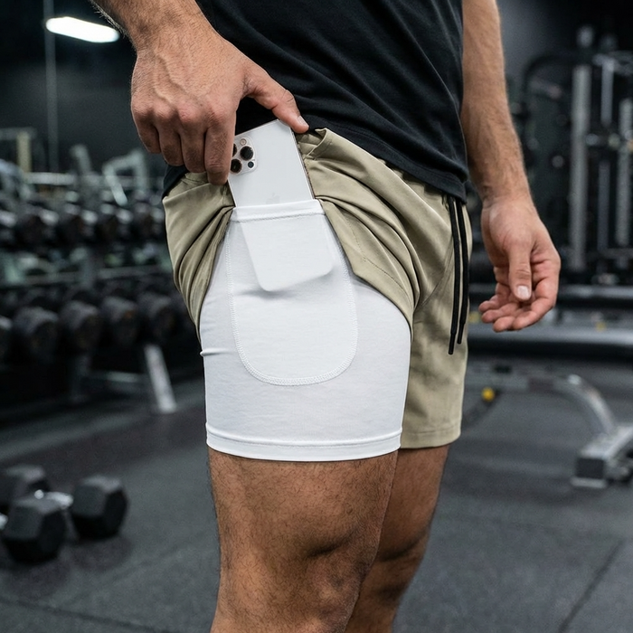 Men’s Breathable Quick-Dry Fitness Shorts – Double-Layer Muscle Fit Running Shorts with Moisture-Wicking Fabric & Athletic Performance Design
