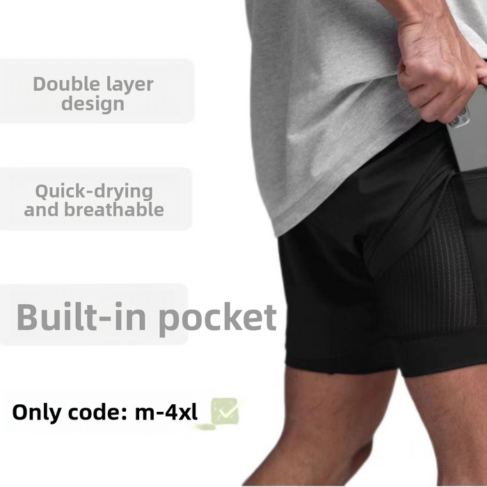 Men’s Breathable Quick-Dry Fitness Shorts – Double-Layer Muscle Fit Running Shorts with Moisture-Wicking Fabric & Athletic Performance Design