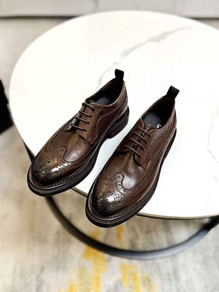 Men's Brogue Genuine Leather Dress Shoes – Cowhide Lace-Up, Pigskin Lining, Medium Heel 3–5cm, EU 38–44, Black & Brown