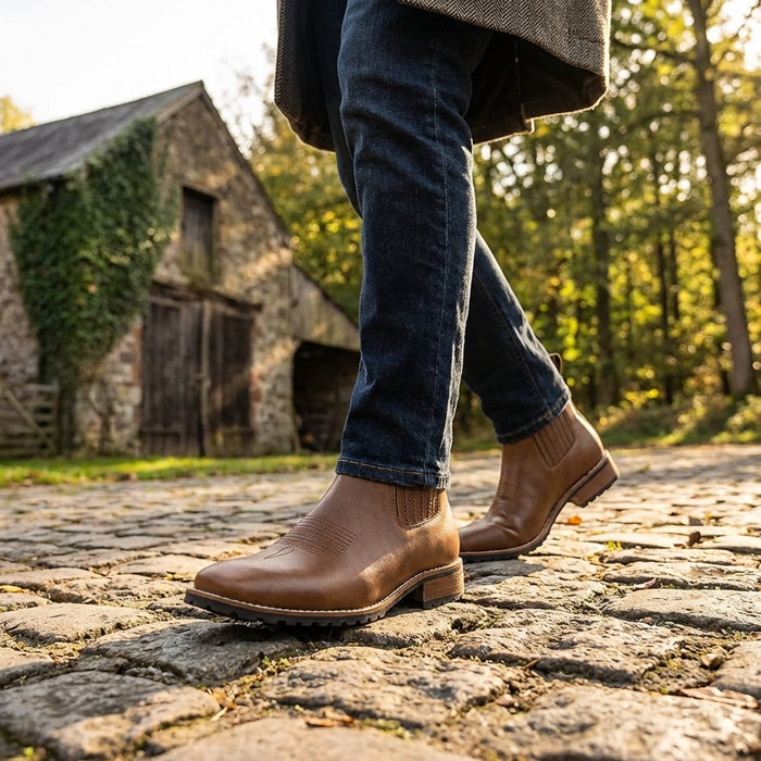 Men's Chelsea Ankle Boots – Suede Finish Square Toe Western Retro Low-Heel
