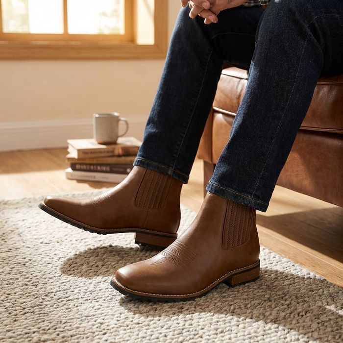 Men's Chelsea Ankle Boots – Suede Finish Square Toe Western Retro Low-Heel
