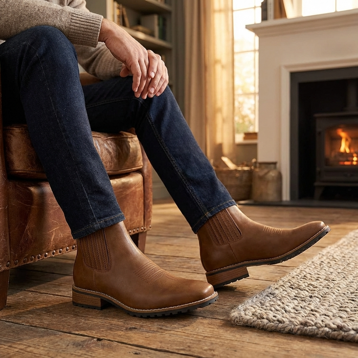 Men's Chelsea Ankle Boots – Suede Finish Square Toe Western Retro Low-Heel