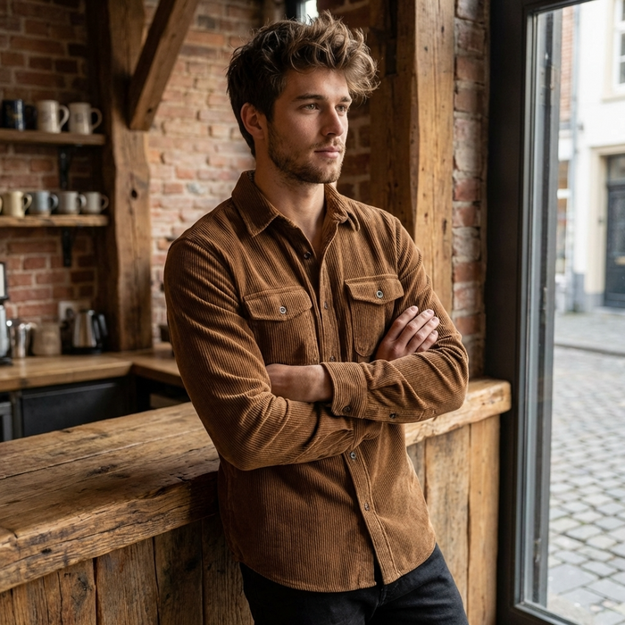Men's Corduroy Long Sleeve Slim Fit Shirt – Ribbed Cotton Lapel Collar Business Casual Button-Down Top