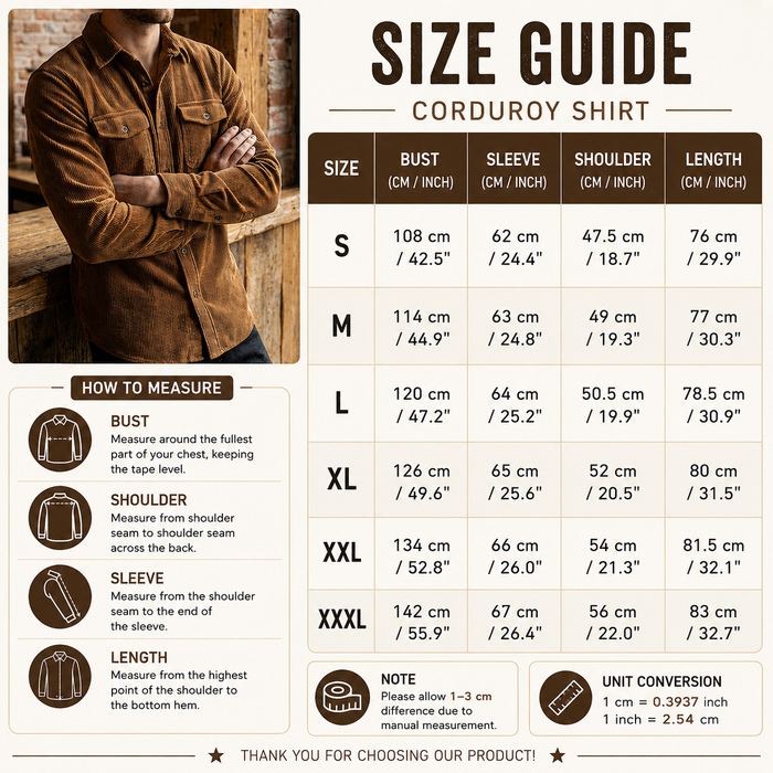 Men's Corduroy Long Sleeve Slim Fit Shirt – Ribbed Cotton Lapel Collar Business Casual Button-Down Top
