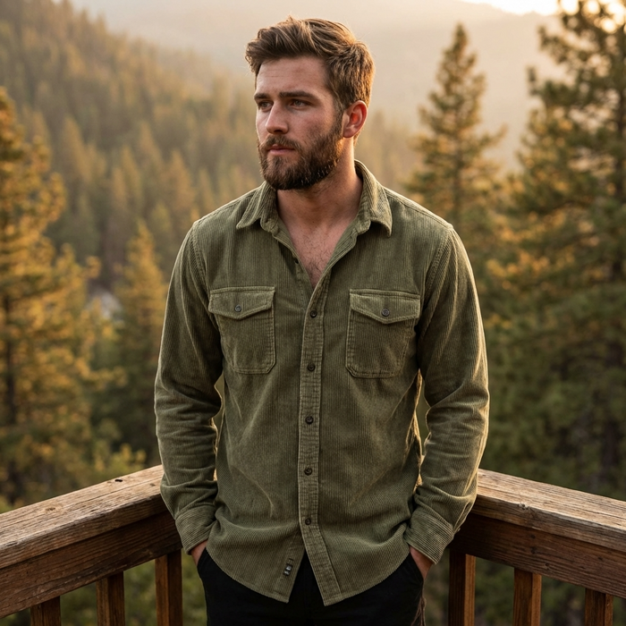 Men's Corduroy Long Sleeve Slim Fit Shirt – Ribbed Cotton Lapel Collar Business Casual Button-Down Top