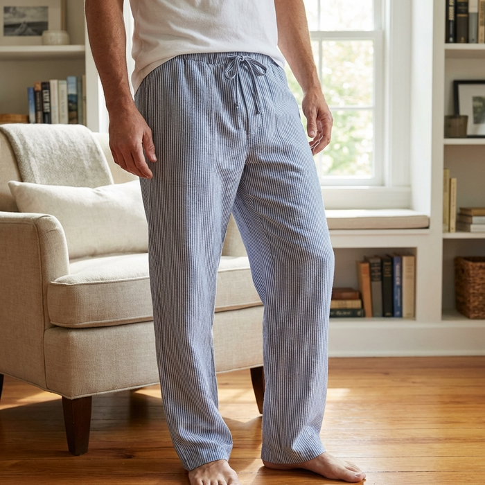 Men’s Cotton Gauze Pajama Pants – Breathable Double-Layer Lounge Pants with Loose Fit, Soft Fabric & Striped Casual Home Style