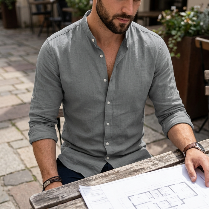 Men's Cotton Linen Button-Up Shirt – Slim Fit Long Sleeve