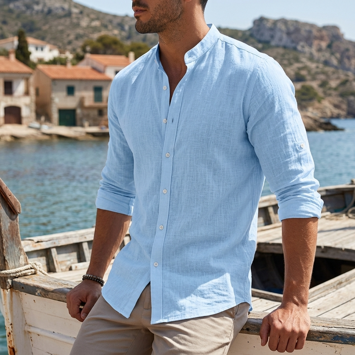 Men's Cotton Linen Button-Up Shirt – Slim Fit Long Sleeve