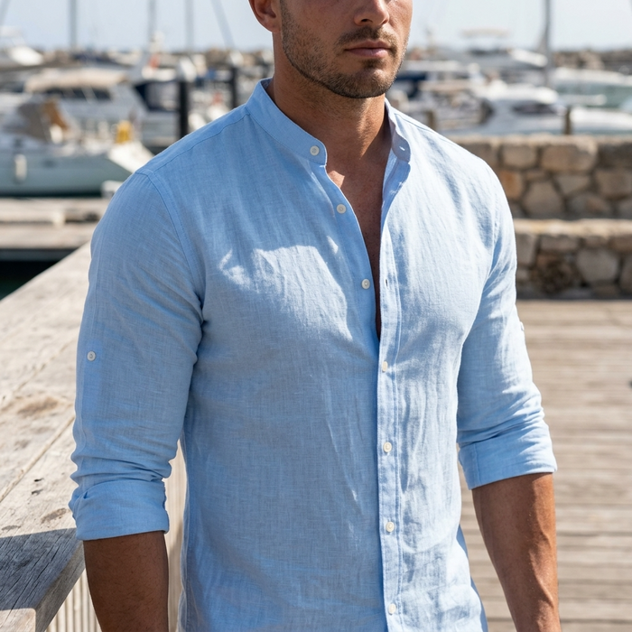 Men's Cotton Linen Button-Up Shirt – Slim Fit Long Sleeve