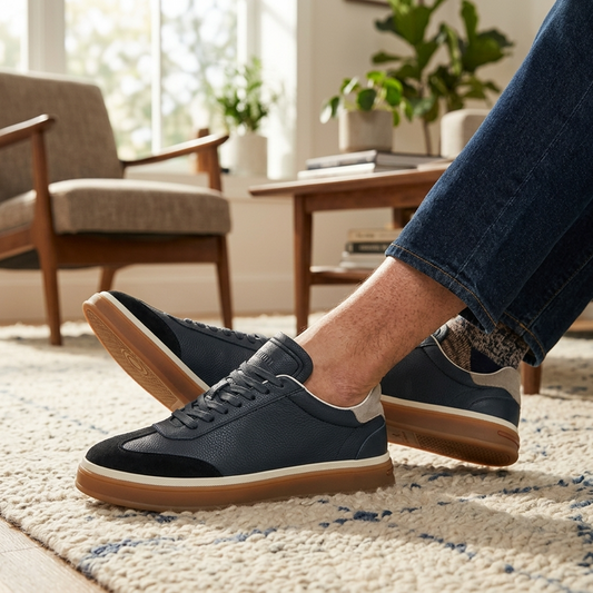Men's Cowhide Leather Sneakers - Thick Sole Lace-Up Casual Shoes