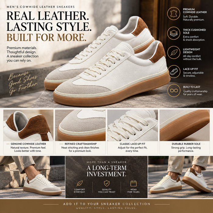 Men's Cowhide Leather Sneakers - Thick Sole Lace-Up Casual Shoes