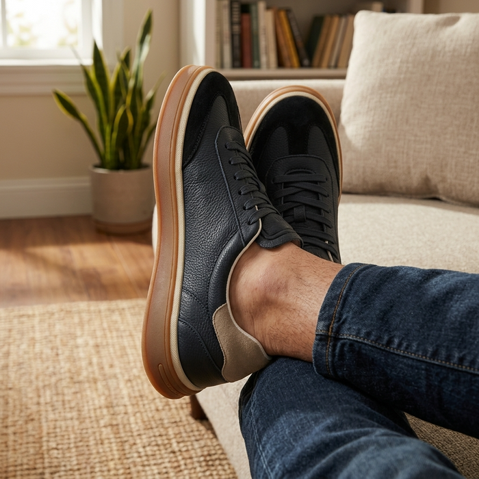 Men's Cowhide Leather Sneakers - Thick Sole Lace-Up Casual Shoes