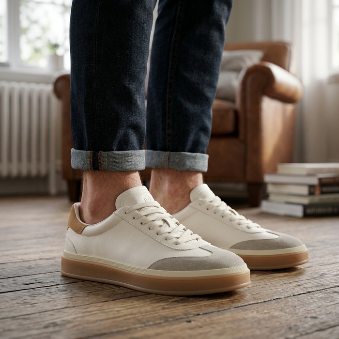 Men's Cowhide Leather Sneakers - Thick Sole Lace-Up Casual Shoes