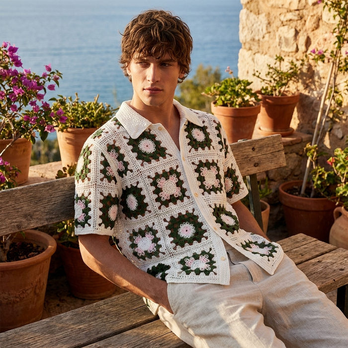Men's Crochet Knit Polo Shirt – Breathable Cut-Out Grid Pattern Short Sleeve Summer Polo