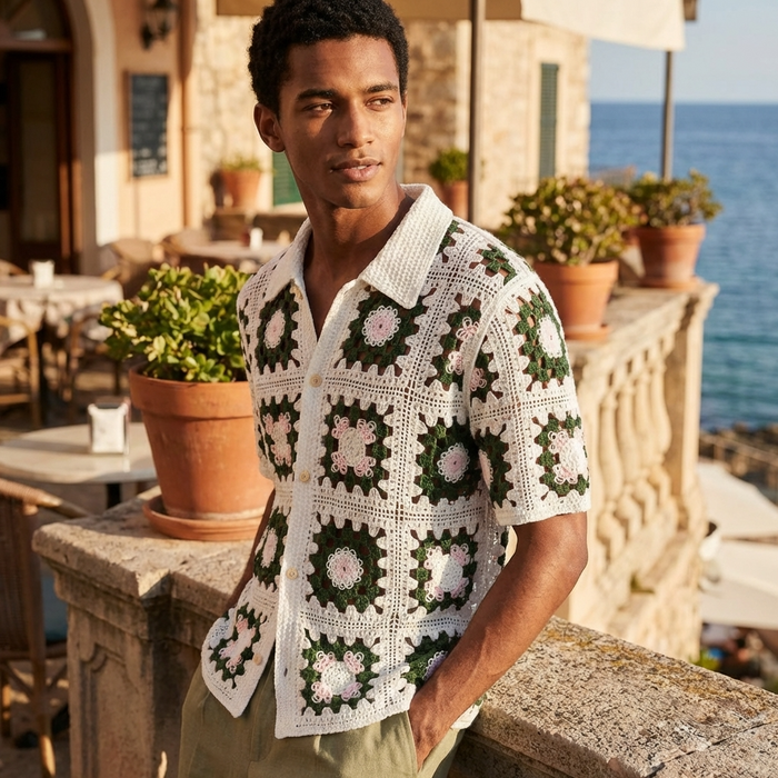 Men's Crochet Knit Polo Shirt – Breathable Cut-Out Grid Pattern Short Sleeve Summer Polo