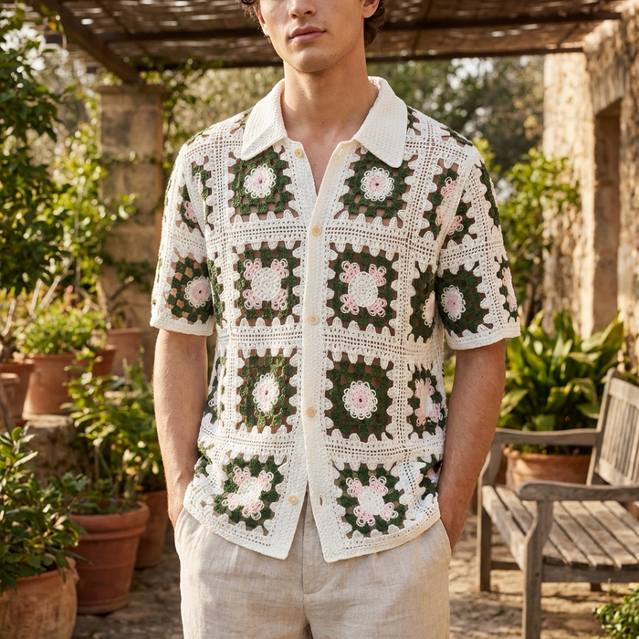 Men's Crochet Knit Polo Shirt – Breathable Cut-Out Grid Pattern Short Sleeve Summer Polo