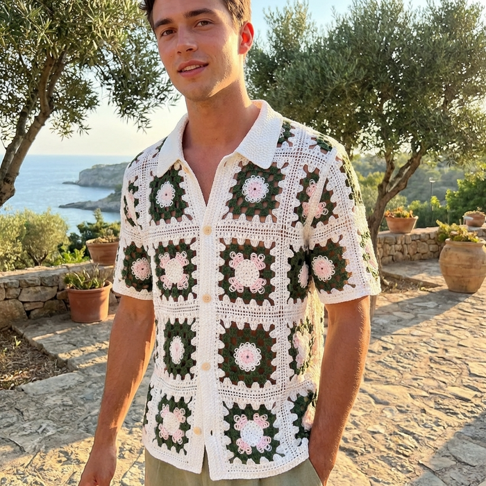 Men's Crochet Knit Polo Shirt – Breathable Cut-Out Grid Pattern Short Sleeve Summer Polo
