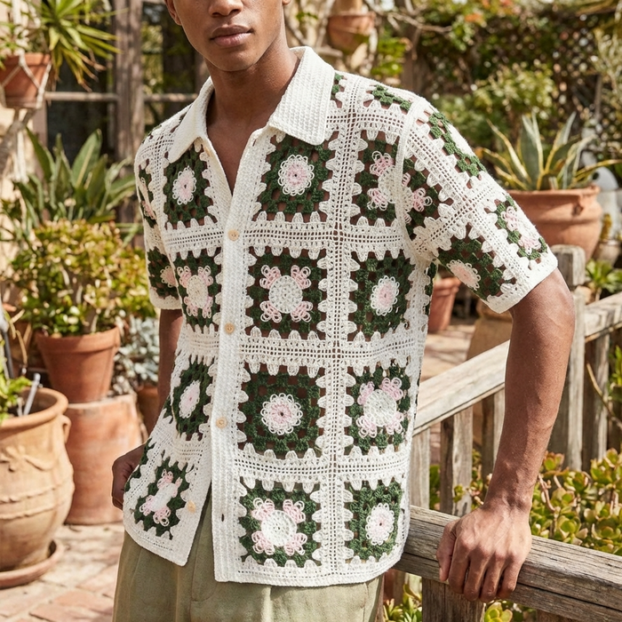 Men's Crochet Knit Polo Shirt – Breathable Cut-Out Grid Pattern Short Sleeve Summer Polo