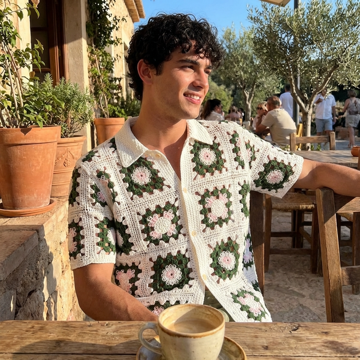Men's Crochet Knit Polo Shirt – Breathable Cut-Out Grid Pattern Short Sleeve Summer Polo