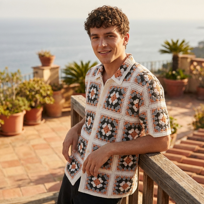 Men's Crochet Knit Polo Shirt – Color Block Jacquard Short Sleeve Breathable Summer Polo