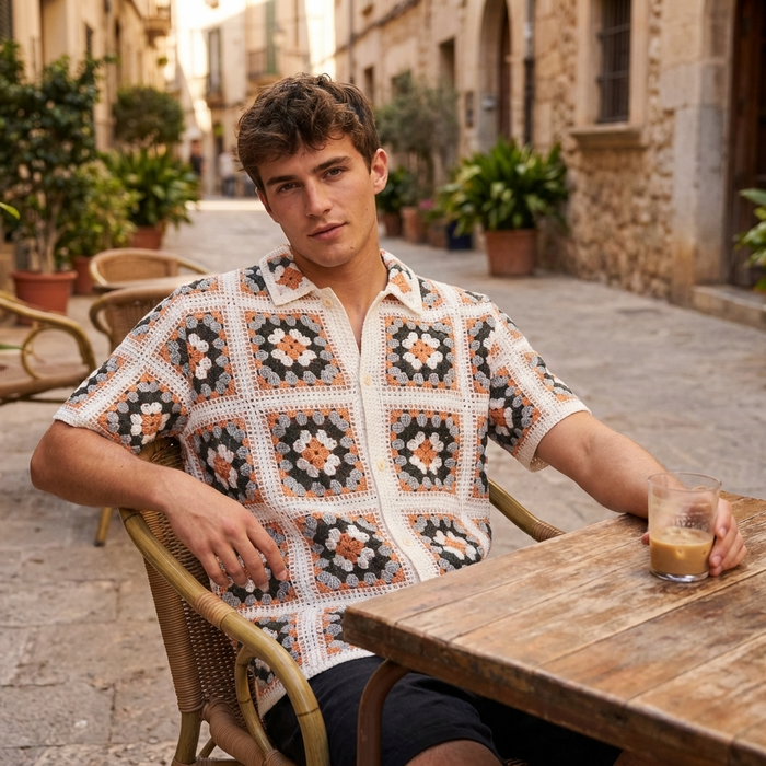 Men's Crochet Knit Polo Shirt – Color Block Jacquard Short Sleeve Breathable Summer Polo