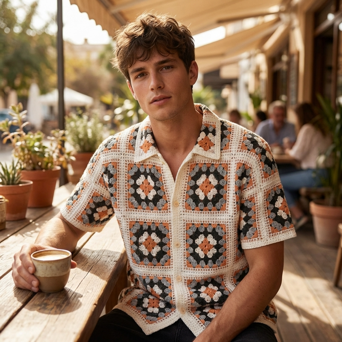 Men's Crochet Knit Polo Shirt – Color Block Jacquard Short Sleeve Breathable Summer Polo