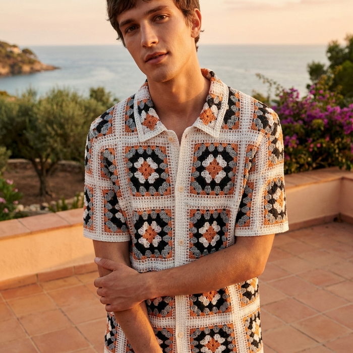 Men's Crochet Knit Polo Shirt – Color Block Jacquard Short Sleeve Breathable Summer Polo