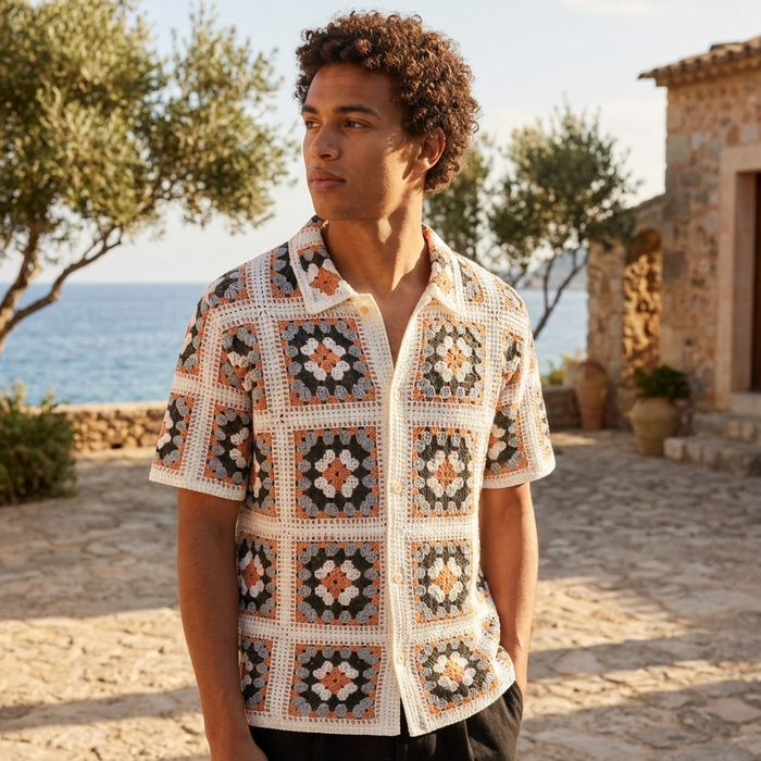 Men's Crochet Knit Polo Shirt – Color Block Jacquard Short Sleeve Breathable Summer Polo