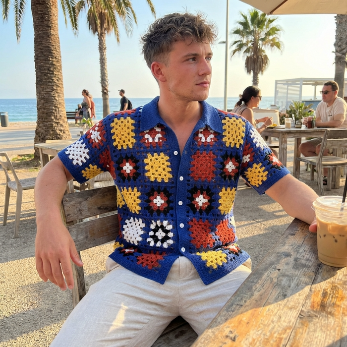 Men's Crochet Knit Polo Shirt – Geometric Pattern Breathable Short Sleeve Summer Polo