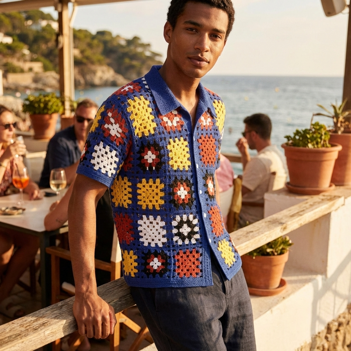 Men's Crochet Knit Polo Shirt – Geometric Pattern Breathable Short Sleeve Summer Polo