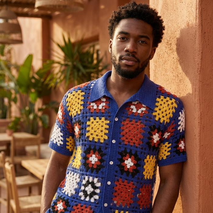 Men's Crochet Knit Polo Shirt – Geometric Pattern Breathable Short Sleeve Summer Polo