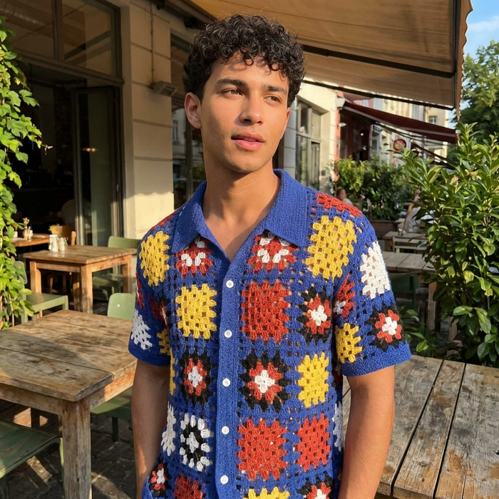 Men's Crochet Knit Polo Shirt – Geometric Pattern Breathable Short Sleeve Summer Polo