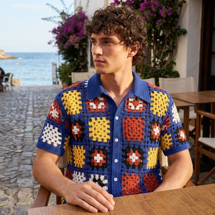 Men's Crochet Knit Polo Shirt – Geometric Pattern Breathable Short Sleeve Summer Polo