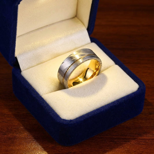 Men's Damascus Steel Ring – 8mm Gold Plated Wide Band Minimalist Statement Ring