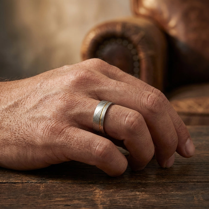 Men's Damascus Steel Ring – 8mm Gold Plated Wide Band Minimalist Statement Ring