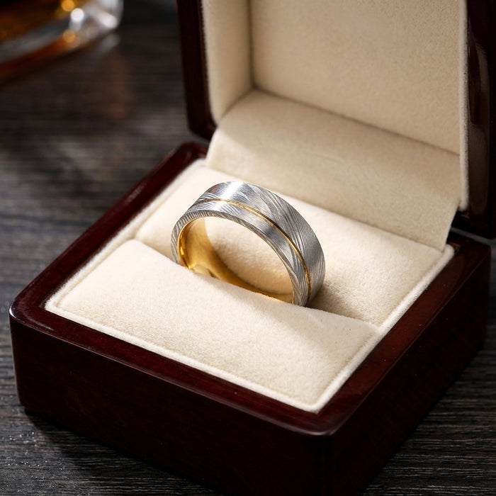 Men's Damascus Steel Ring – 8mm Gold Plated Wide Band Minimalist Statement Ring