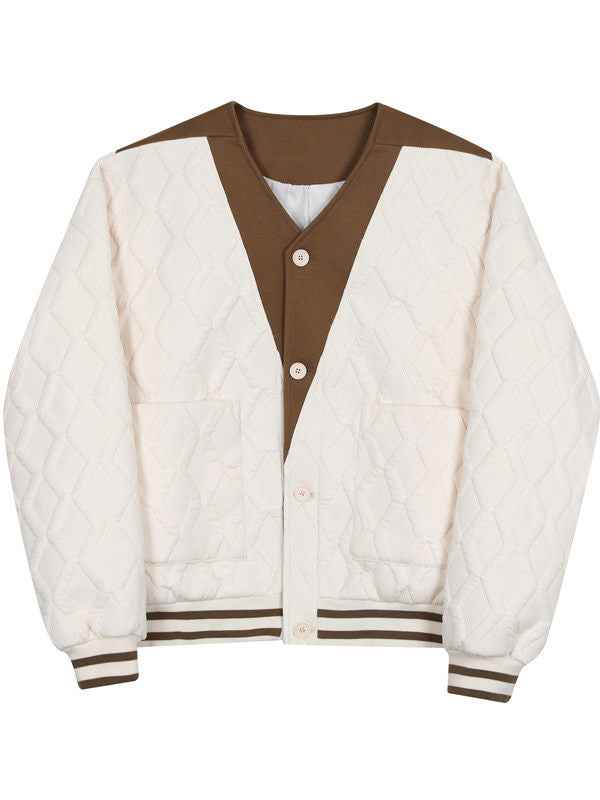 Men's Diamond Lattice Embossed Short Coat – Cotton-Poly Windbreaker, Standing Collar, Cropped Korean Fit, Apricot