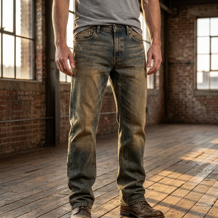 Men’s Distressed Retro Jeans – Loose Straight Leg Denim Pants with Yellow Wash, Vintage Detailing & Casual Streetwear Style