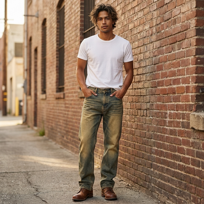 Men’s Distressed Retro Jeans – Loose Straight Leg Denim Pants with Yellow Wash, Vintage Detailing & Casual Streetwear Style