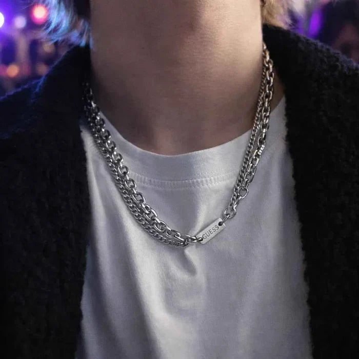 Men's Double-Layer Titanium Steel Chain Necklace – Minimalist Hip-Hop Silver Unisex, 50 cm
