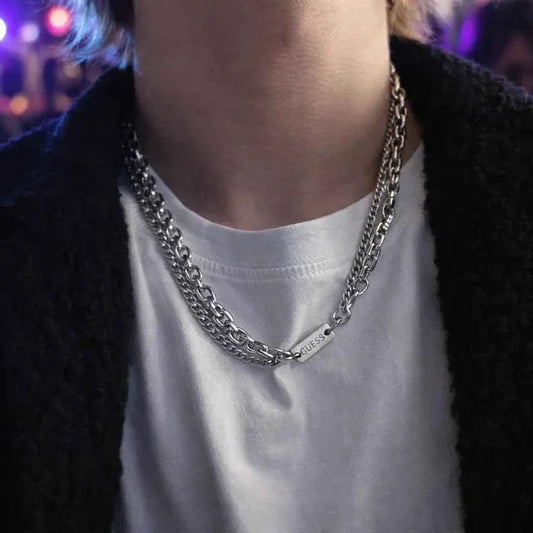 Men's Double-Layer Titanium Steel Chain Necklace – Minimalist Hip-Hop Silver Unisex, 50 cm