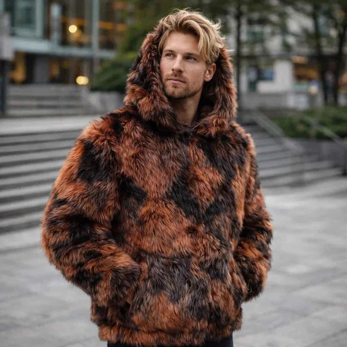 Men's Faux Fur Hooded Jacket – Zip-Up Winter Hoodie with Loose Fit