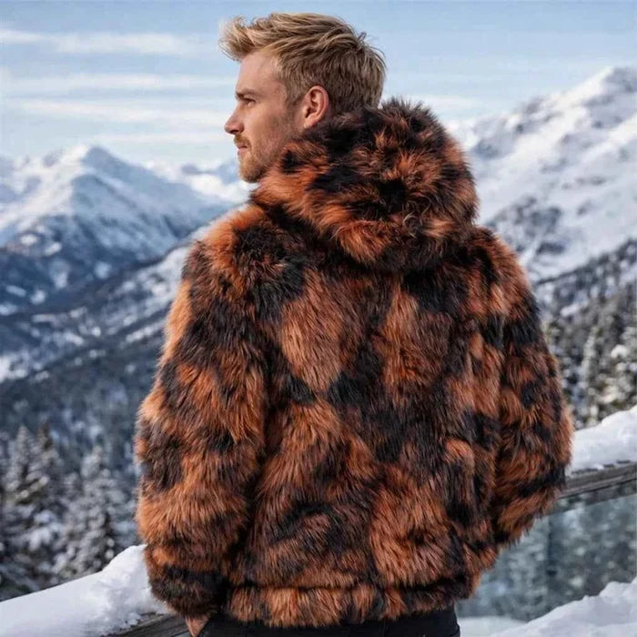 Men's Faux Fur Hooded Jacket – Zip-Up Winter Hoodie with Loose Fit