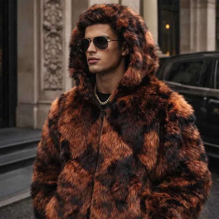 Men's Faux Fur Hooded Jacket – Zip-Up Winter Hoodie with Loose Fit