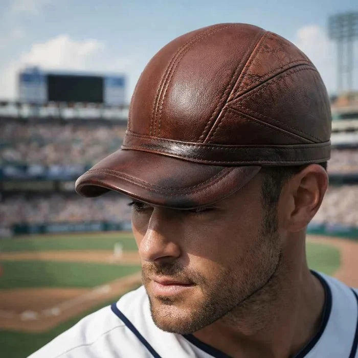 Men's First-Layer Cowhide Leather Baseball Cap – Adjustable Flat Brim Dome Cap, 56–60 cm