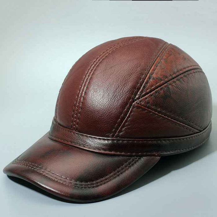 Men's First-Layer Cowhide Leather Baseball Cap – Adjustable Flat Brim Dome Cap, 56–60 cm
