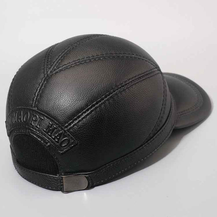 Men's First-Layer Cowhide Leather Baseball Cap – Adjustable Flat Brim Dome Cap, 56–60 cm